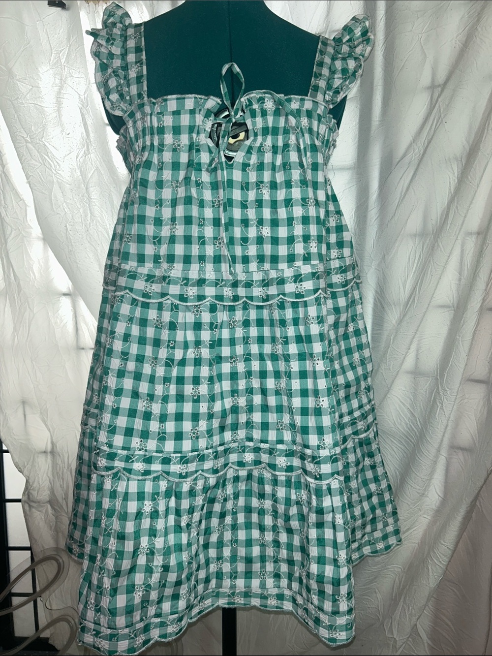 miami Green and White Gingham Tie-Front Sundress never worn. Size large - Picture 2 of 11